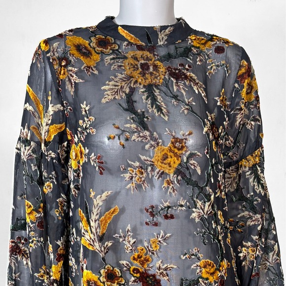 Dark Floral Velvet Burnout Sheer Long Sleeve Mini Dress Womens M Boho Whimsygoth - Picture 3 of 8